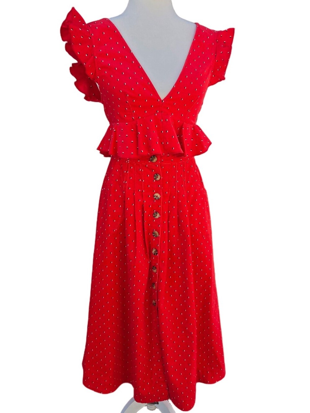 Free People Love Fool Corduroy Set Red Button-Front Skirt and Top Women's 0